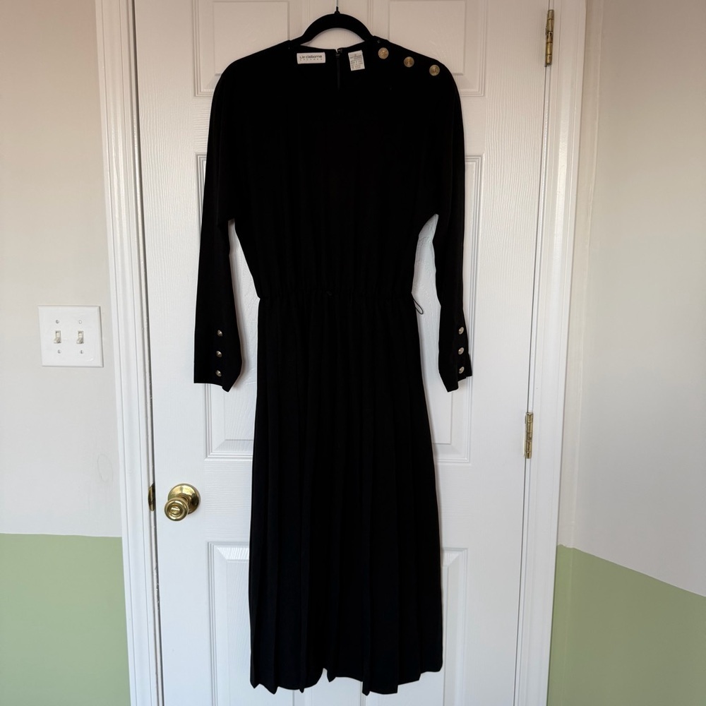 Vintage Liz Claiborne Long Sleeve Black Midi Dress With Gold Buttons Size 6